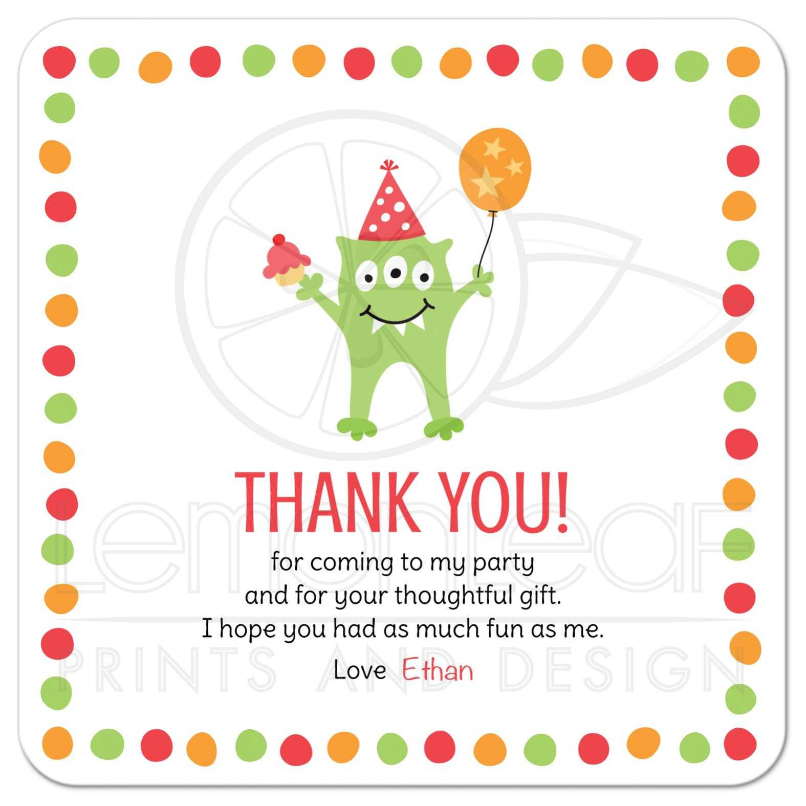 Thank You Note For Birthday Party
 Monster with three eyes balloon and party hat birthday