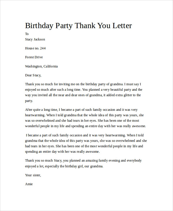 Thank You Note For Birthday Party
 FREE 23 Sample Thank You Letter Templates in PDF