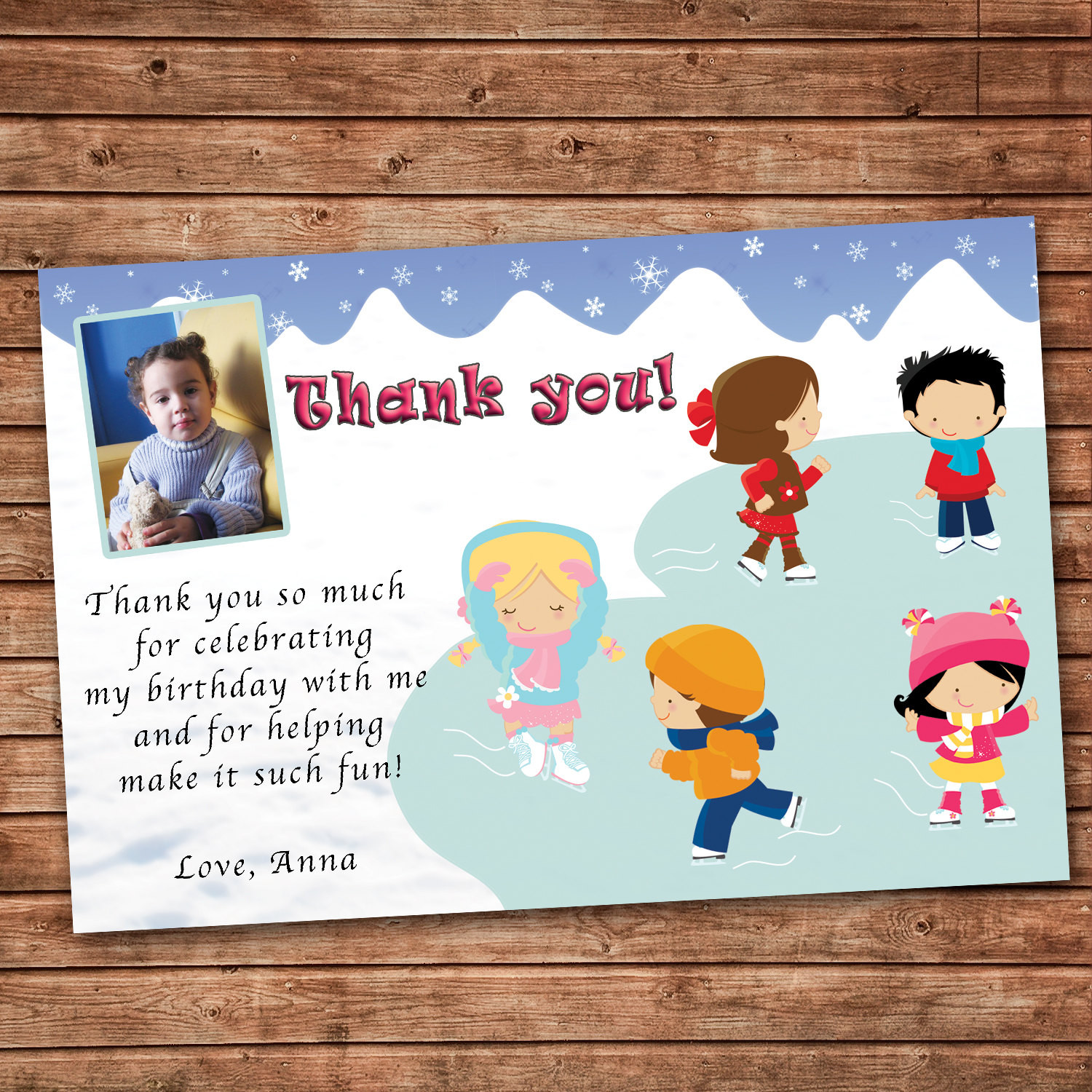 Thank You Note For Birthday Party
 Personalized Any Wording Thank you Card Ice Skating Winter
