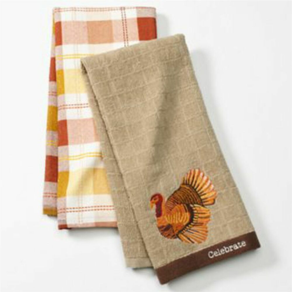 Thanksgiving Kitchen Towels
 Set 2 Embroidered Turkey Harvest Windowpane Kitchen Dish