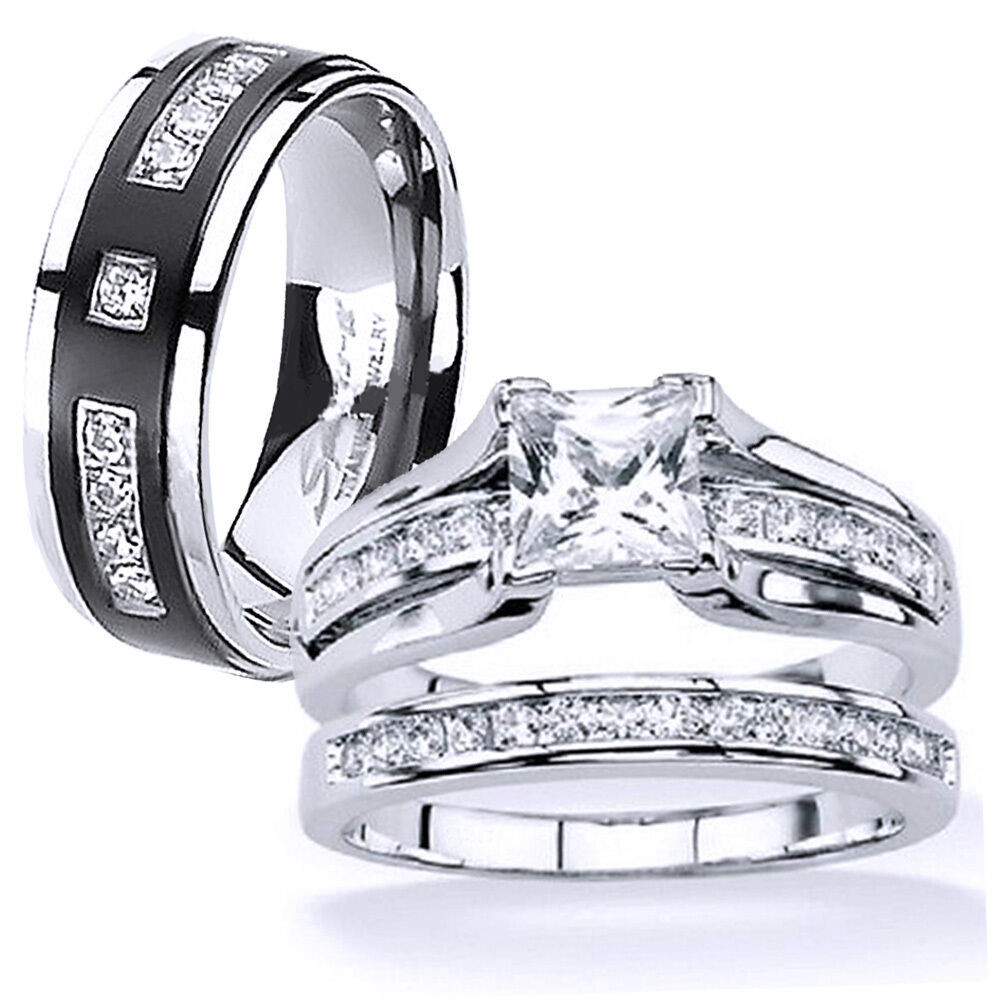 Titanium Wedding Band Sets
 His and Hers Stainless Steel Princess Cut Wedding Ring Set