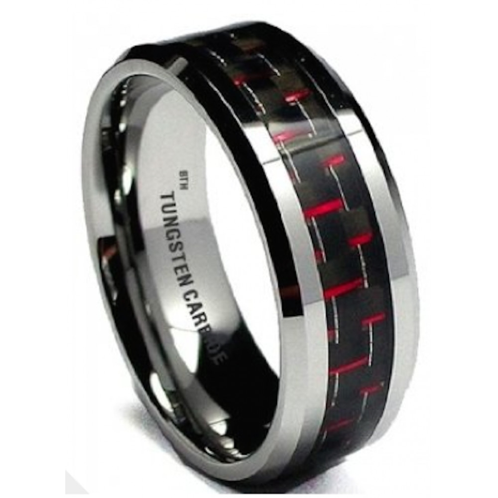 Tungsten Carbide Wedding Ring
 Red Carbon Inlay Mens Tungsten Carbide Wedding Engagement