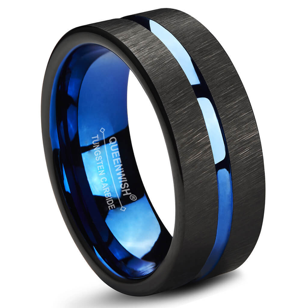 Tungsten Carbide Wedding Ring
 Queenwish Blue & Black Tungsten Carbide Wedding Band 8mm