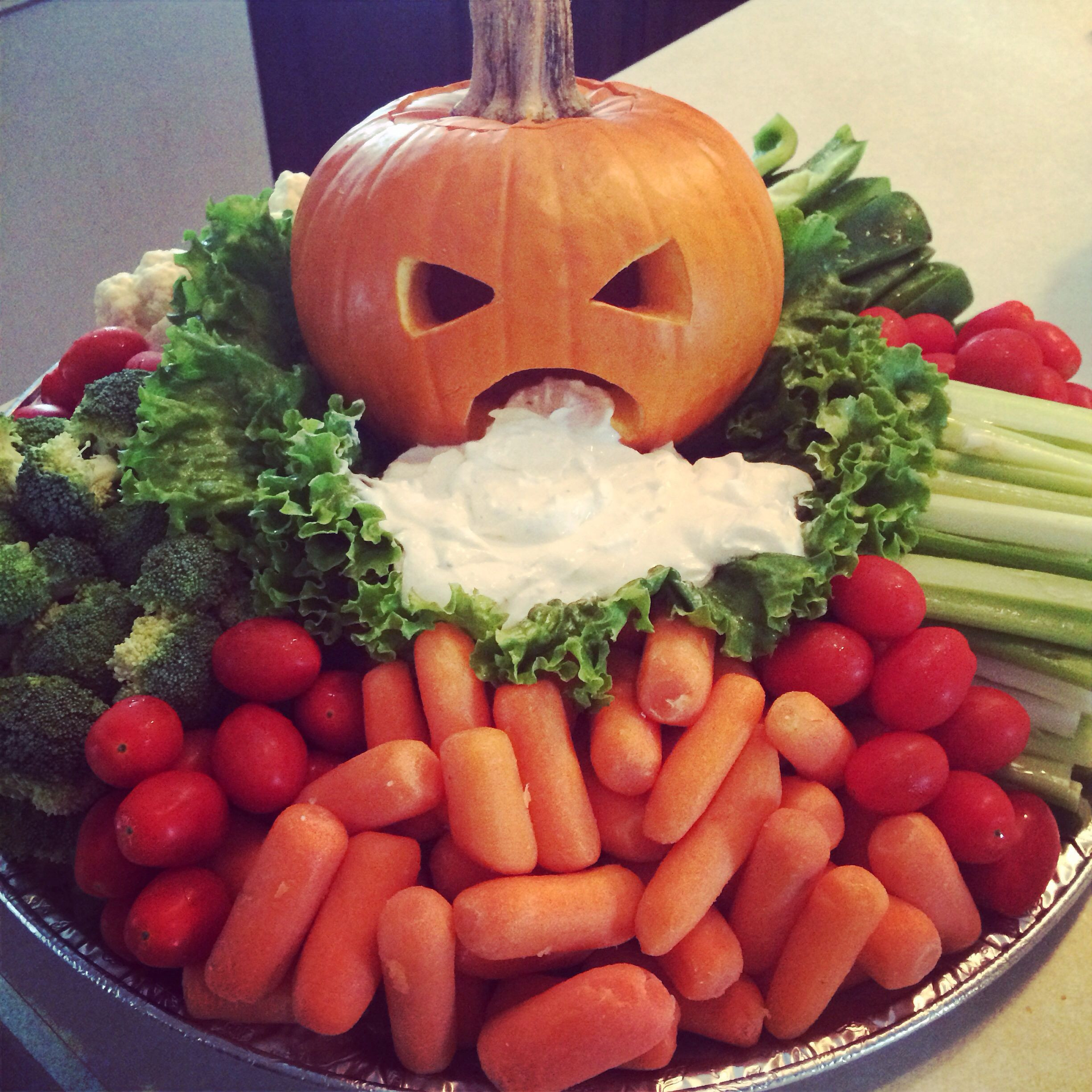 Veggie Ideas For Halloween Party
 My Puking Pumpkin Veggie Tray ready for our tailgate