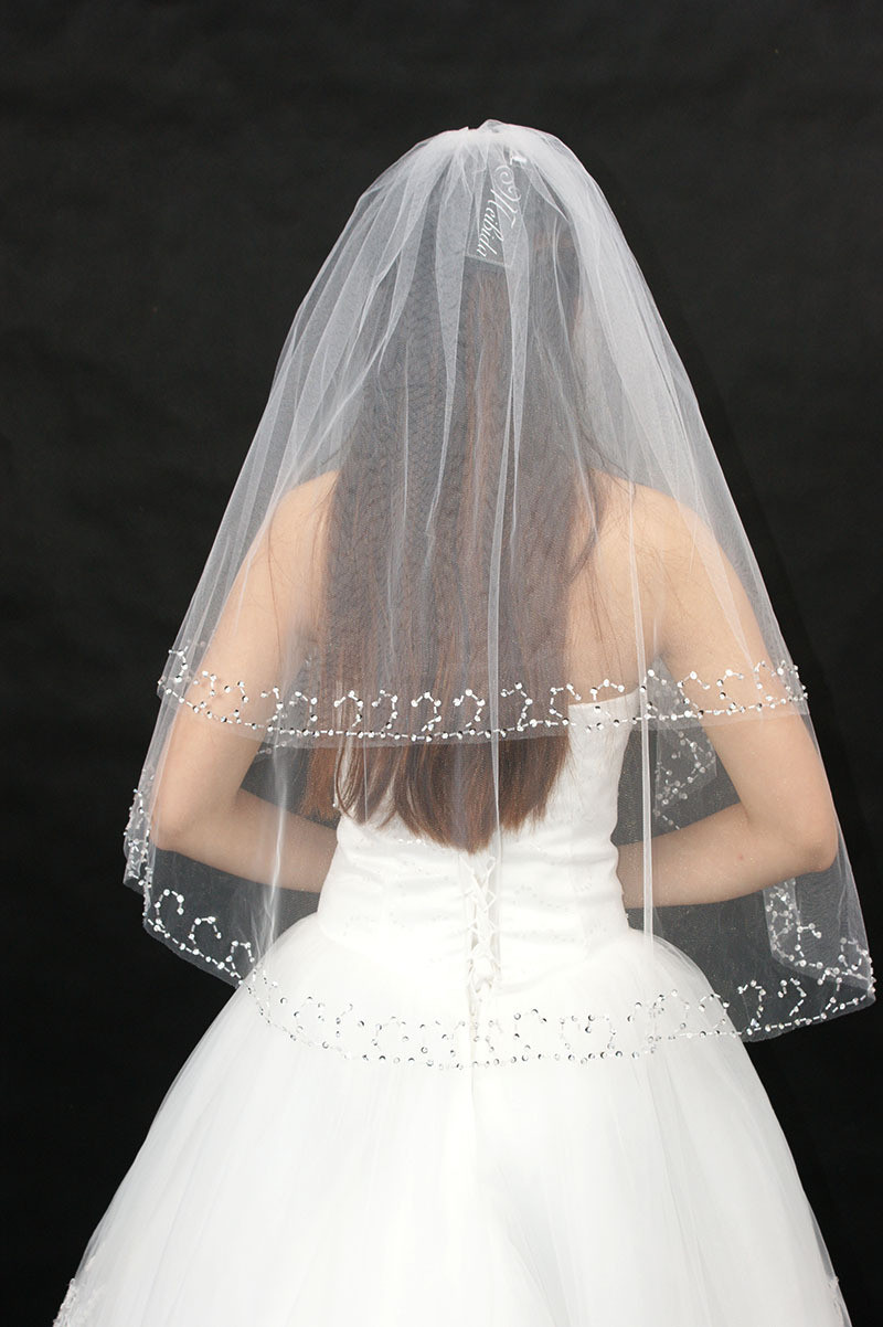 Veil For Short Wedding Dress
 Beaded Edge Two Layer Wedding Veils Cheap White Ivory