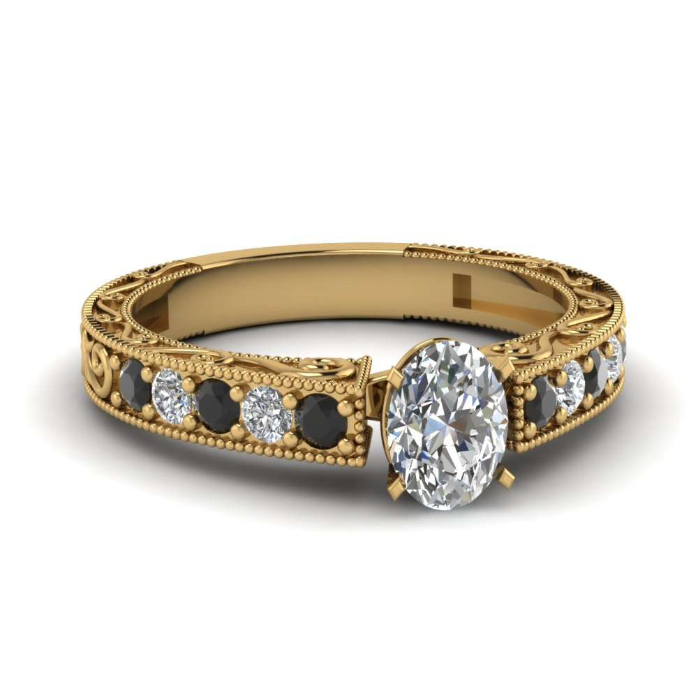 Vintage Black Diamond Engagement Rings
 Antique Engraved Oval Engagement Ring With Black Diamond