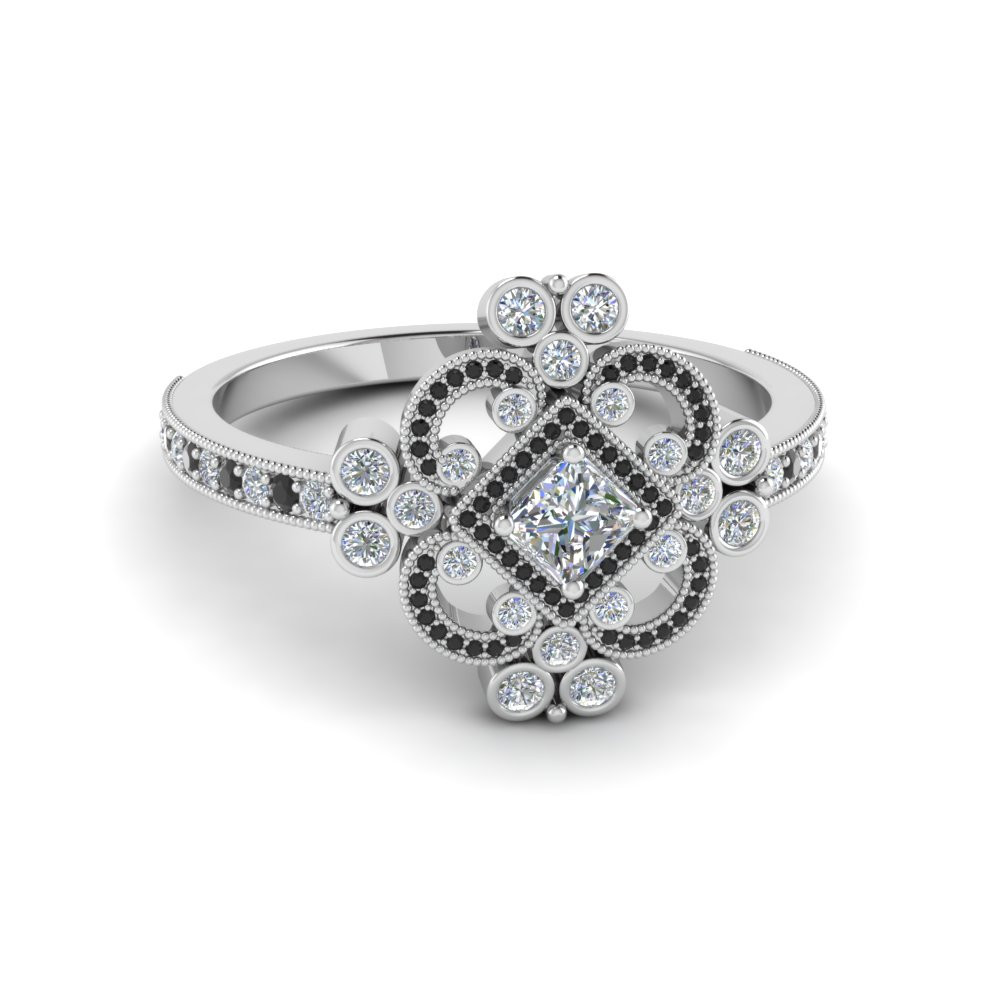 Vintage Black Diamond Engagement Rings
 Princess Cut Edwardian Vintage Look Halo Engagement Ring