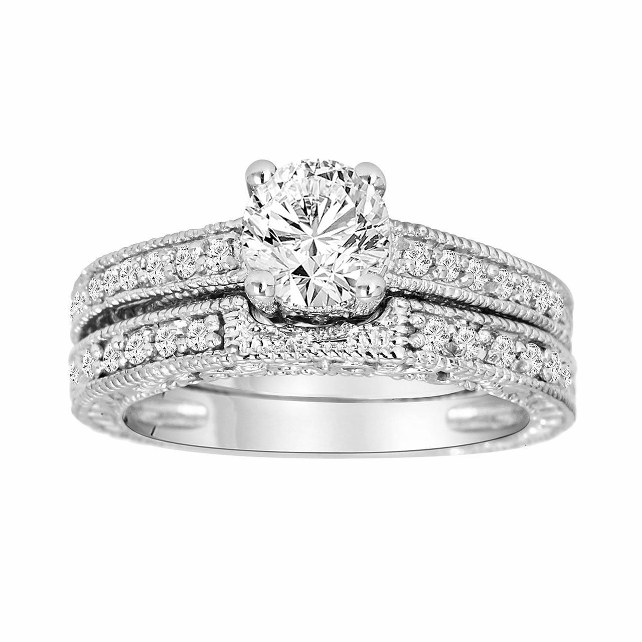Vintage Style Wedding Band
 Diamond Engagement Ring And Wedding Band Sets 14K White