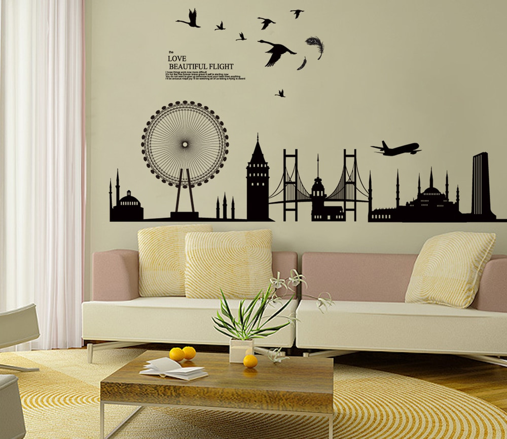 Wall Decals For Living Room
 Black City Silhouette Cityscape Ferris Wheel Bridge Wall