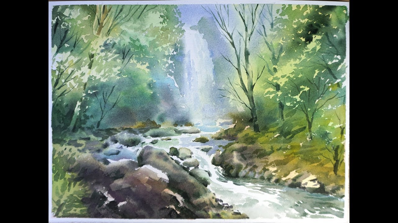 Watercolor Paintings Landscape
 Watercolor Landscape Painting Forest Waterfall
