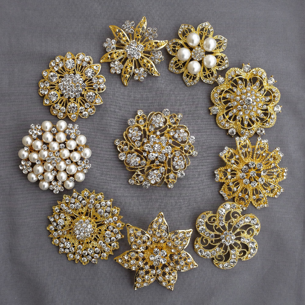 Wedding Brooches
 10 Rhinestone Brooch Gold X LARGE Pearl Crystal Wedding