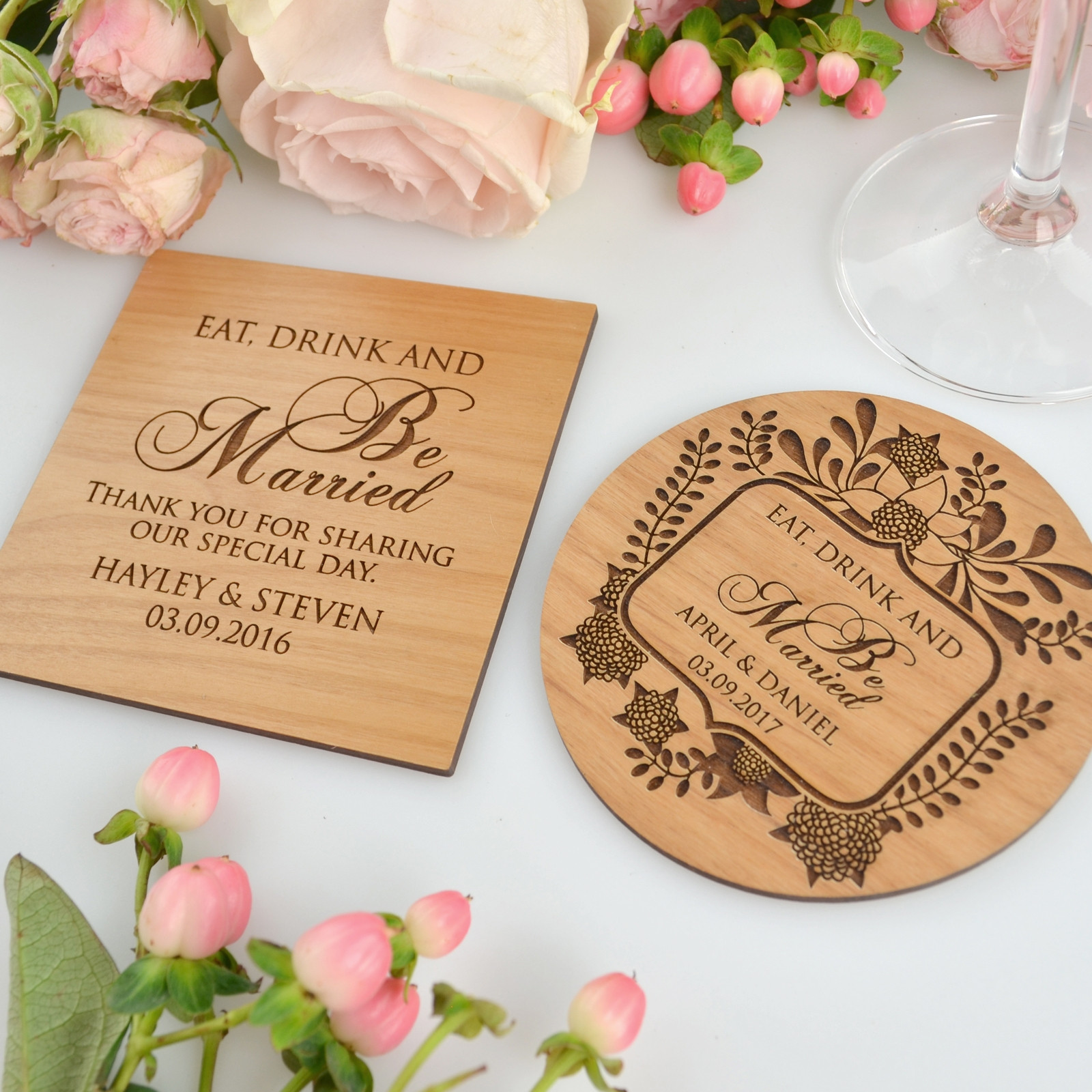 Wedding Favor Coasters
 Engraved Wedding Wooden Coasters Bomboniere