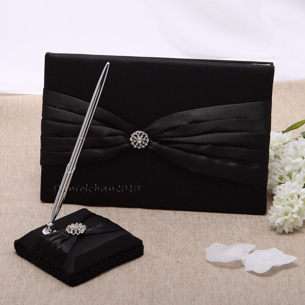 Wedding Guest Book Black
 2Pcs Black Satin Crystal Wedding Guest Book and Pen Set