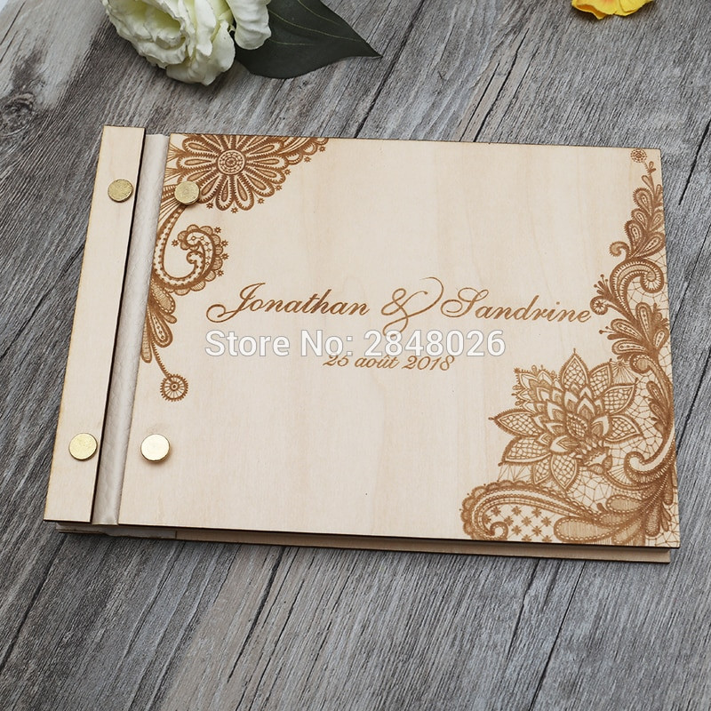 Wedding Guest Book Personalised
 lace engraved wedding guestbook Custom wooden Wedding