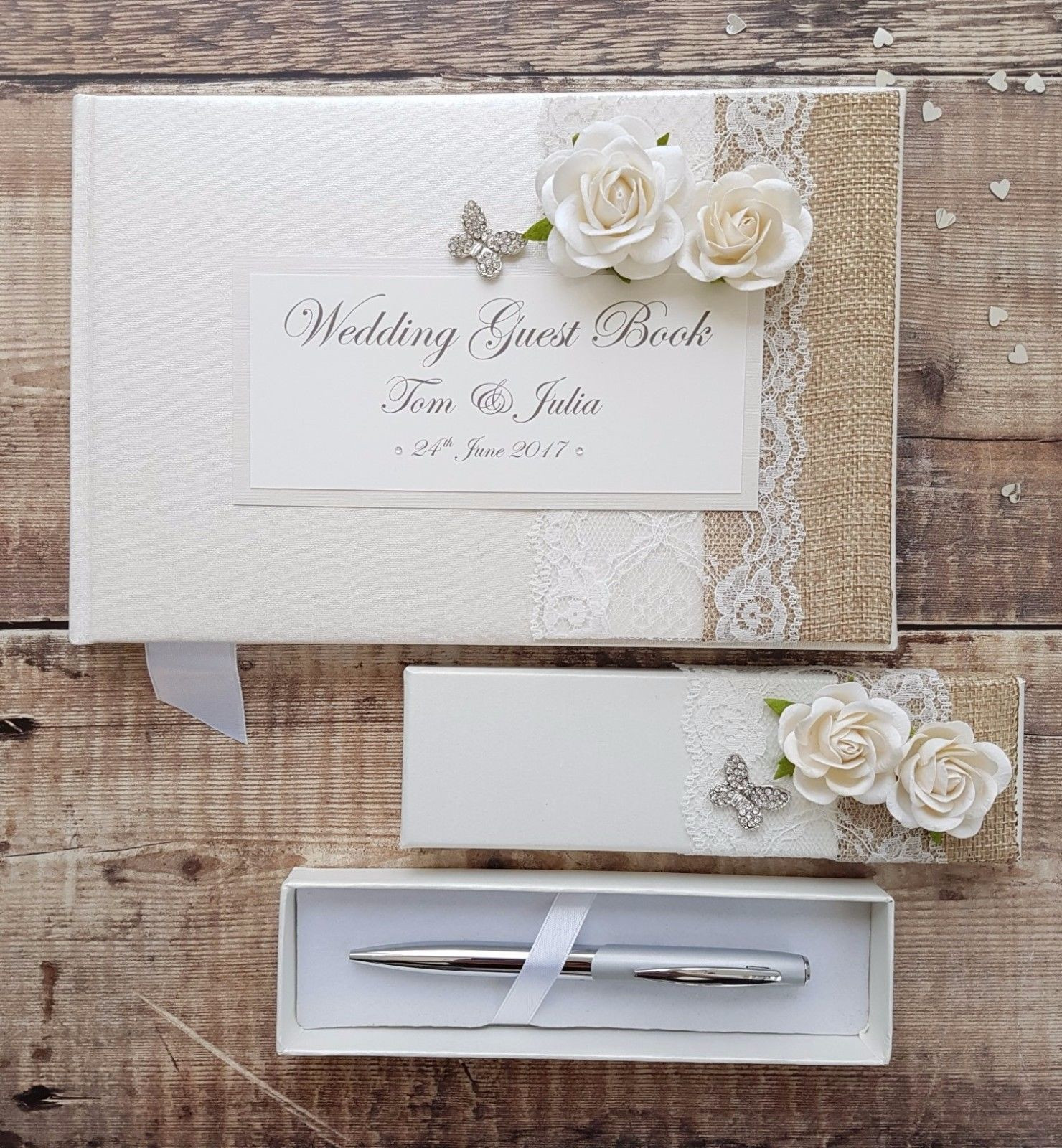 Wedding Guests Book
 Wedding Guest Book & Pen Set – Handmade Hessian Lace