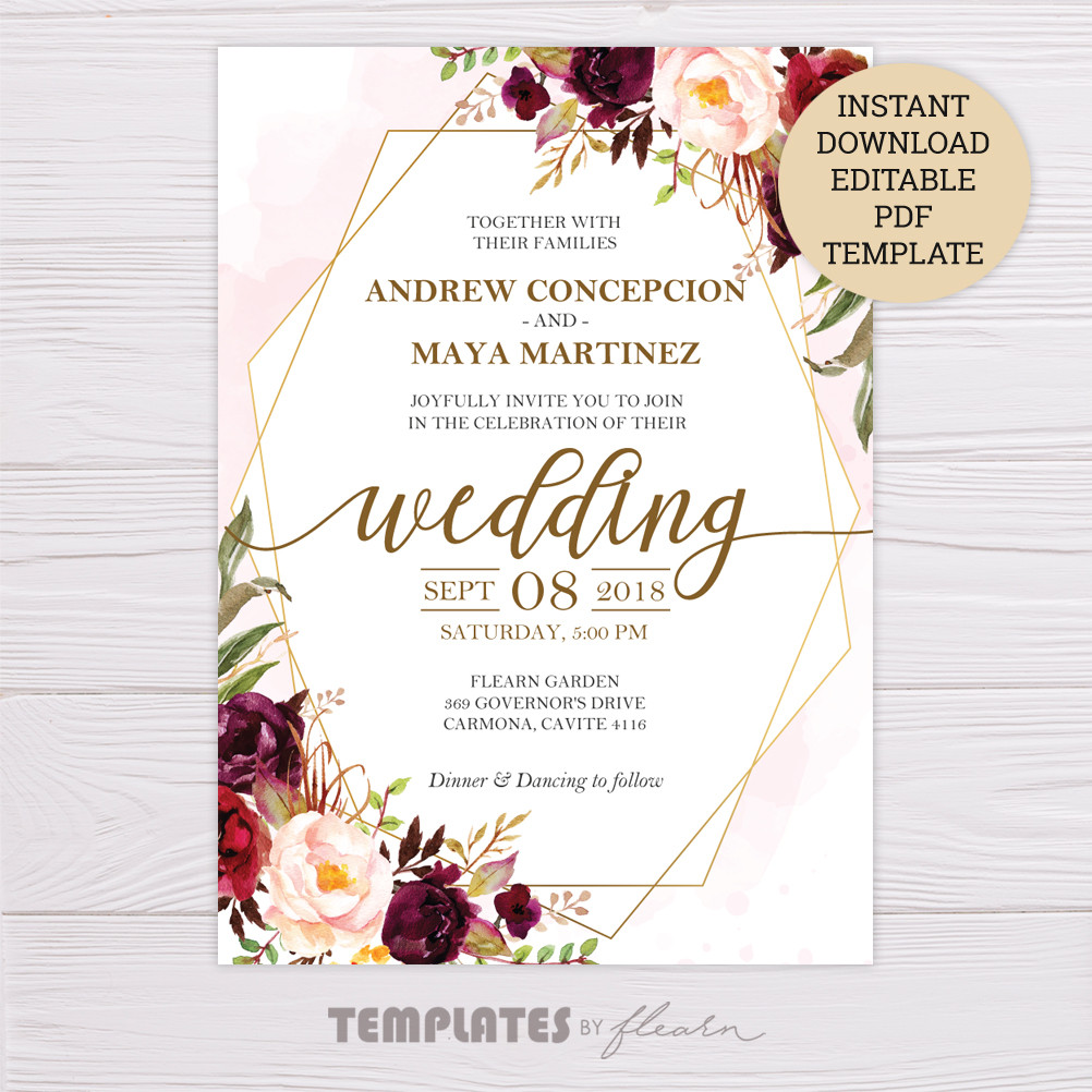 Wedding Invitation Template Free
 Marsala Flowers with Gold Frame Wedding Invitation