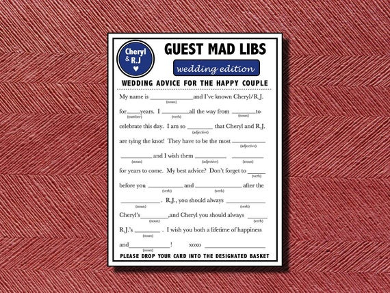 Wedding Mad Libs Guest Book
 Wedding Guest Book Alternative Do It Yourself Guest Mad Libs