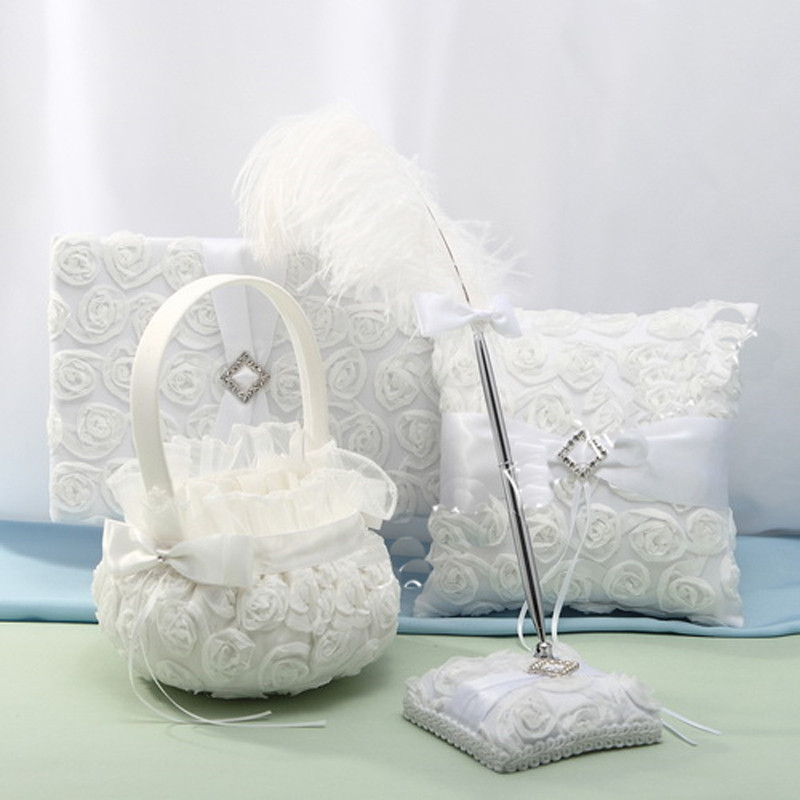 Wedding Pillow And Guest Book Sets
 1Set White Rose Flower Crystal Guest Book Pen Set