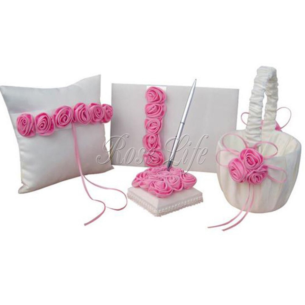 Wedding Pillow And Guest Book Sets
 4Pcs set Rose Decor Wedding Satin Ring Pillow &Flower