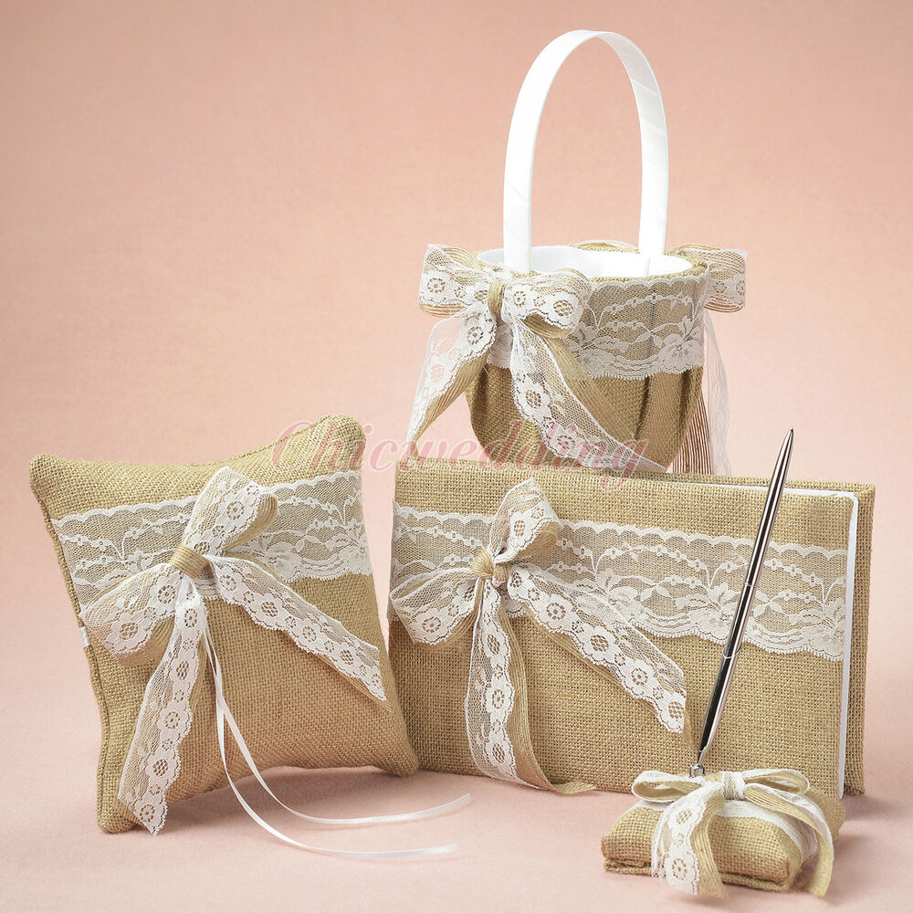 Wedding Pillow And Guest Book Sets
 Burlap Lace Bow Flower Girl Basket Ring Pillow Guest Book