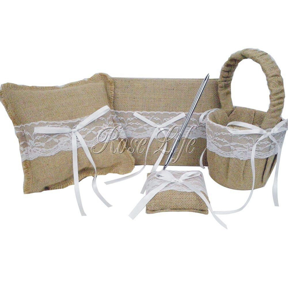 Wedding Pillow And Guest Book Sets
 4Pcs set Burlap Hessian Lace Wedding Guest Book& Pen Set