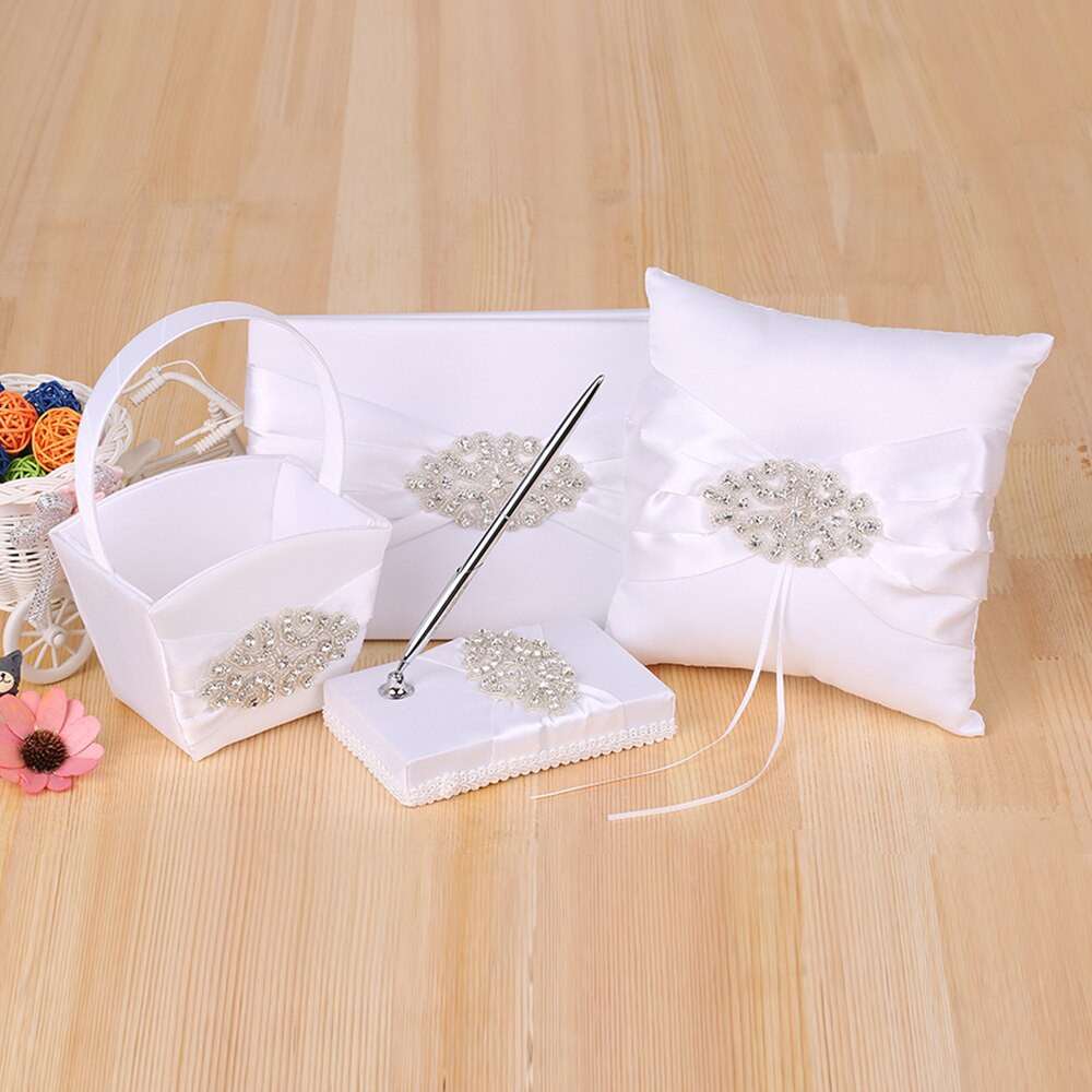 Wedding Pillow And Guest Book Sets
 4pcs set Wedding Supplies Rhinestone Satin Flower Girl