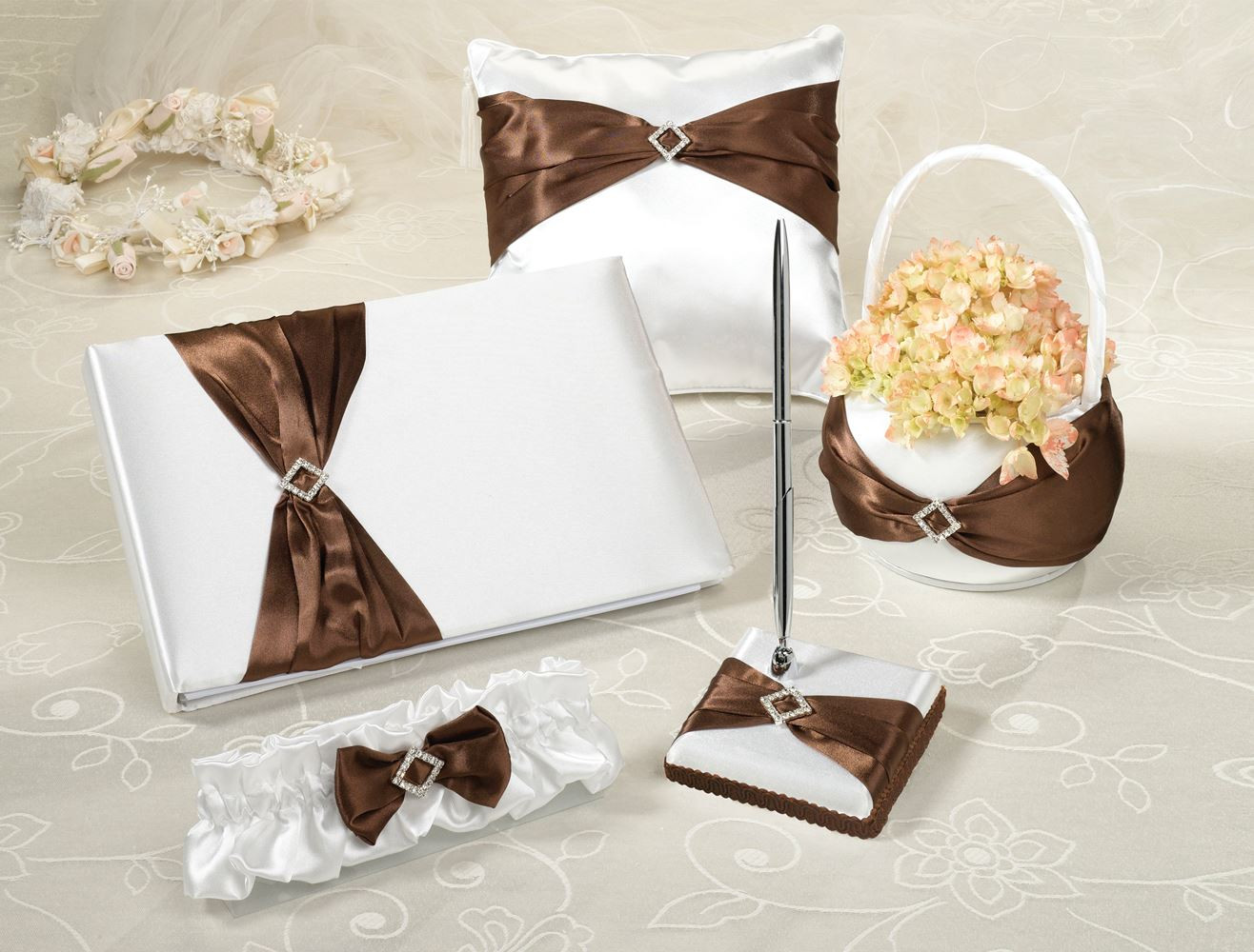 Wedding Pillow And Guest Book Sets
 5 Pc Wedding Ceremony Flower Basket Garter Guest Book