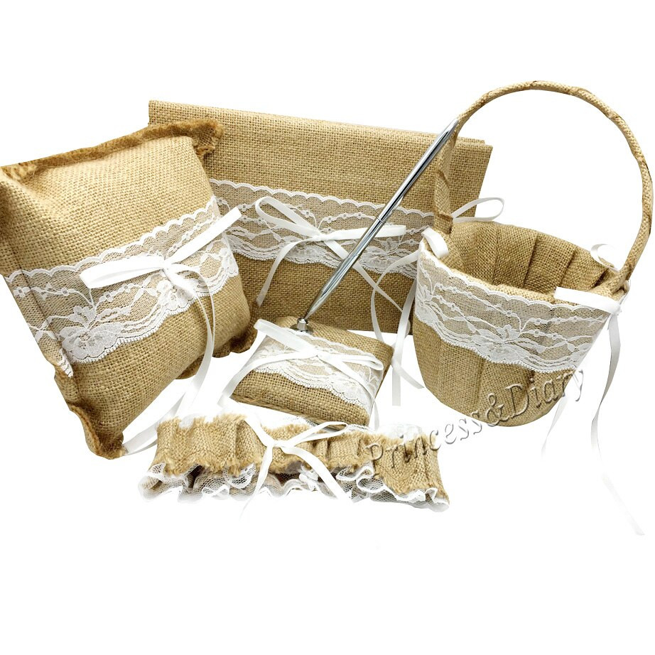 Wedding Pillow And Guest Book Sets
 5Pcs set Burlap Hessian Lace Wedding Guest Book& Pen Set