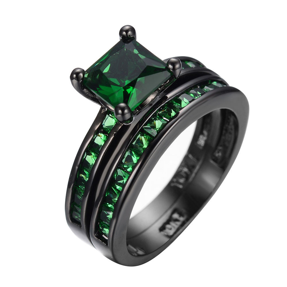 Wedding Ring Brands
 Green Emerald Bridal Ring Set in10KT Black Gold Filled