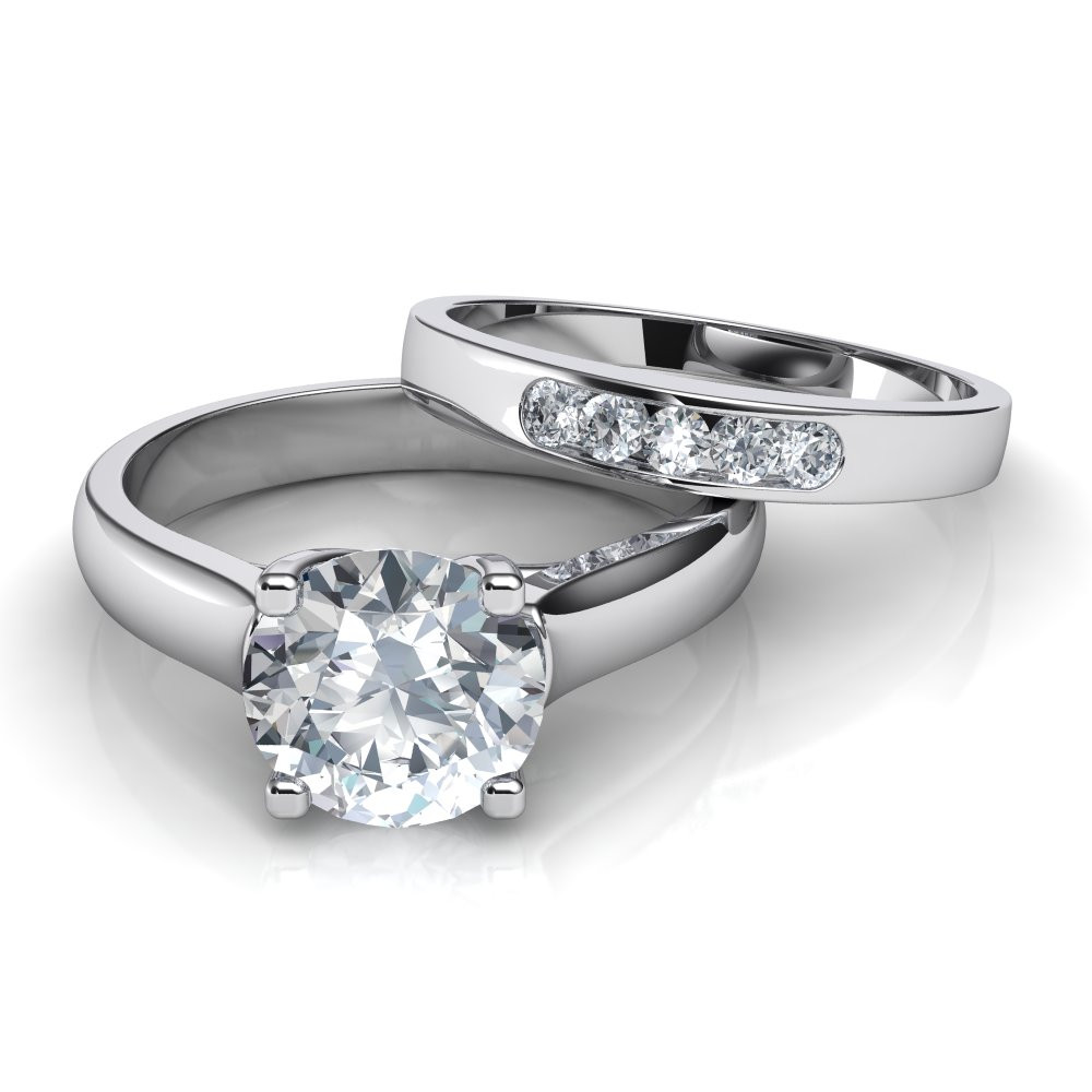 Wedding Ring Set
 Cross Prong Solitaire Engagement Ring and Wedding Band
