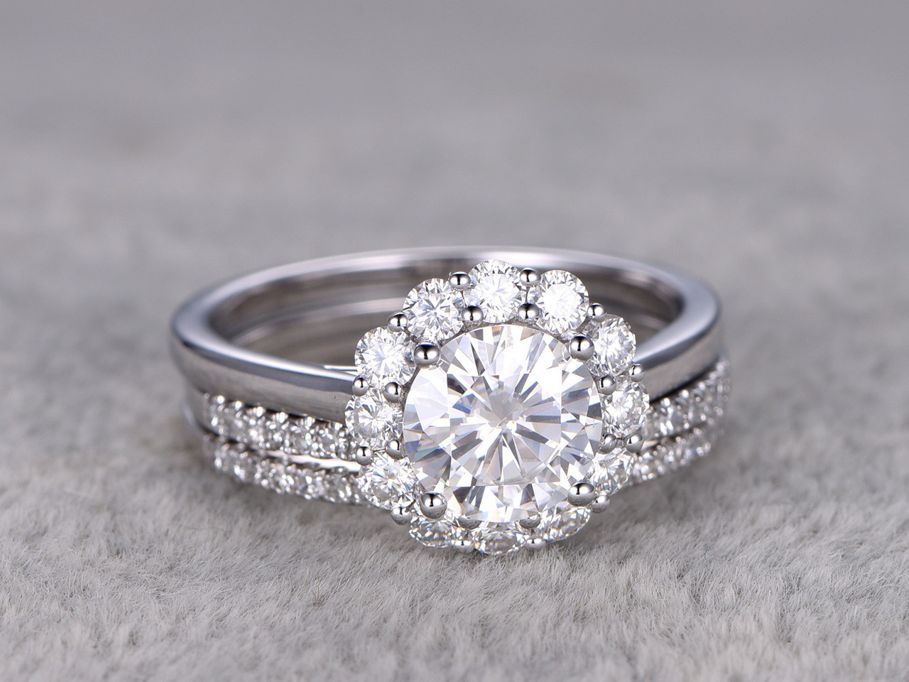 Wedding Ring Set
 Flower Moissanite Wedding Ring Set Diamond Curved Matching