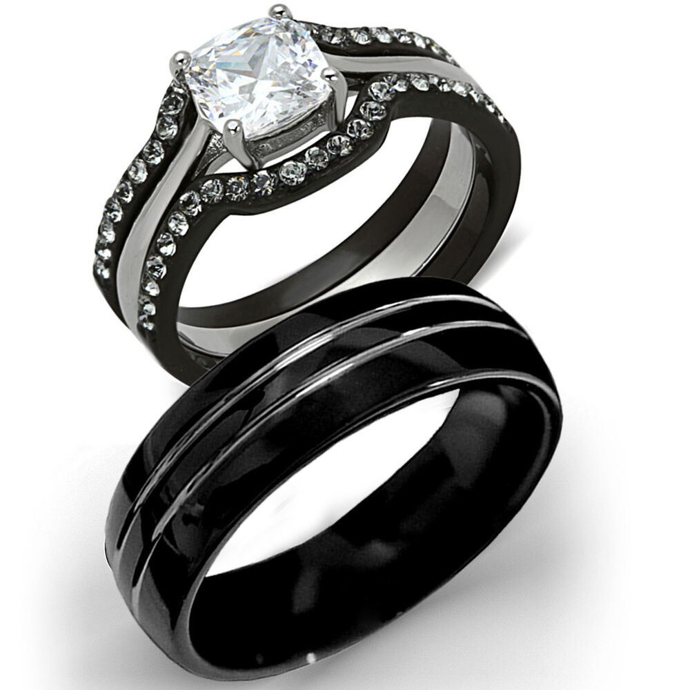 Wedding Rings Black
 His Tungsten & Hers Black Stainless Steel 4 Pc Wedding