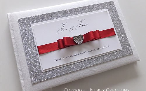 Wedding Stationery Guest Book
 Silver Glitter Wedding Invitations with Red Ribbon