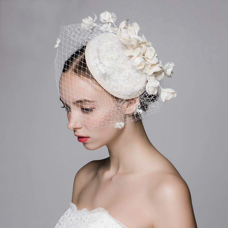 Wedding Veil Hat
 Original Design Ivory Beige Wedding Veil Hats With Pearl