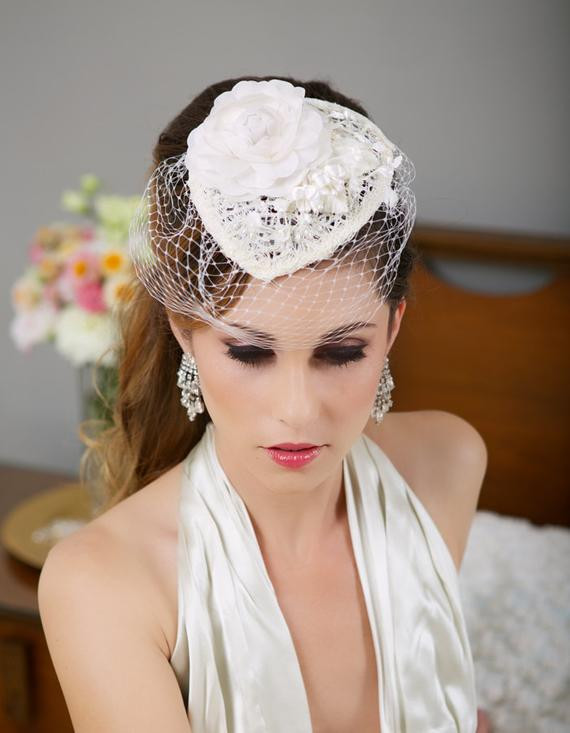 Wedding Veil Hat
 Ivory Lace Bridal Hat Birdcage Veil Hat Wedding Fascinator