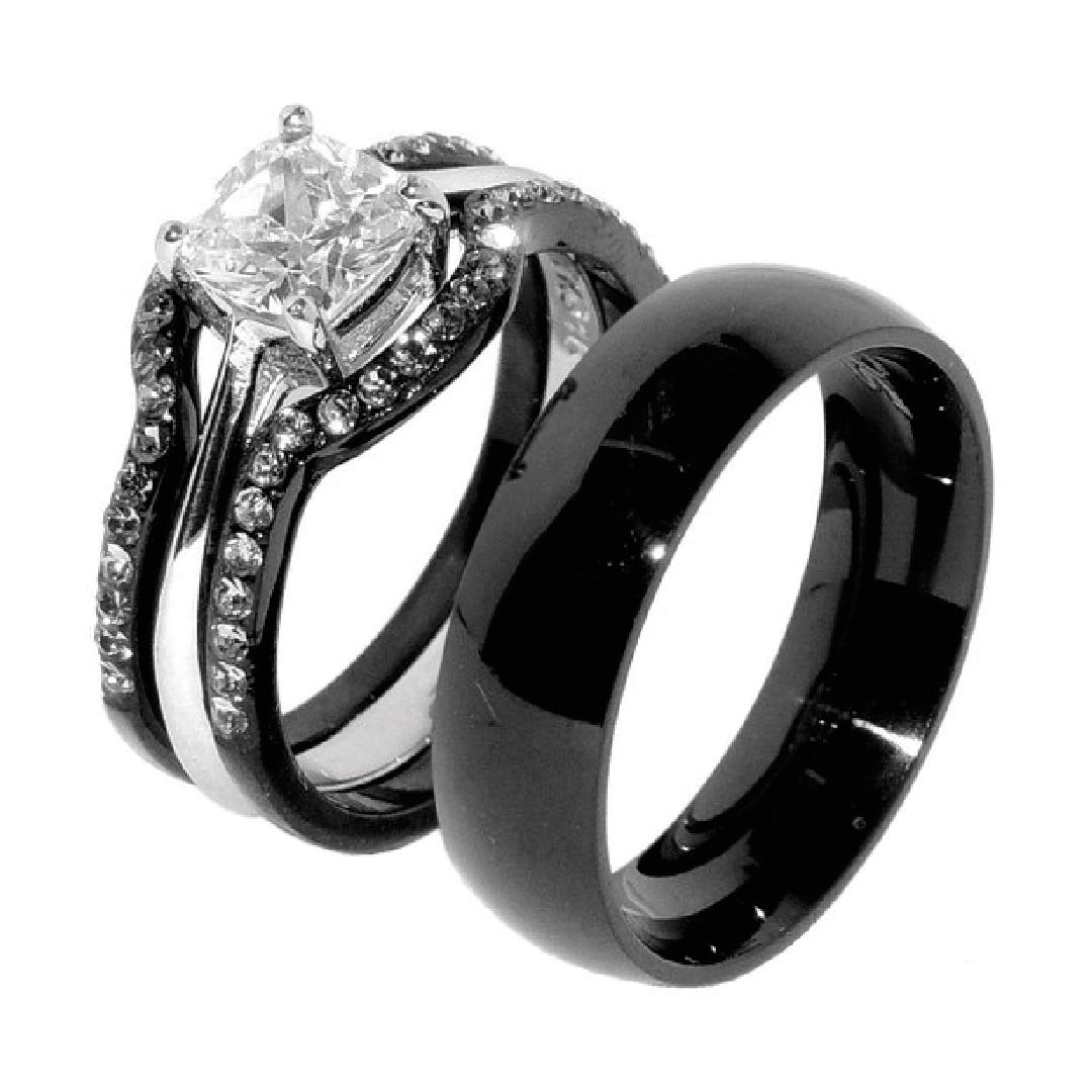 Weddings Rings
 His & Hers 4 PCS Black IP Stainless Steel Wedding Ring Set