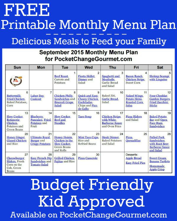 Weekly Dinner Menu Kid Friendly
 September Menu Plan 2015