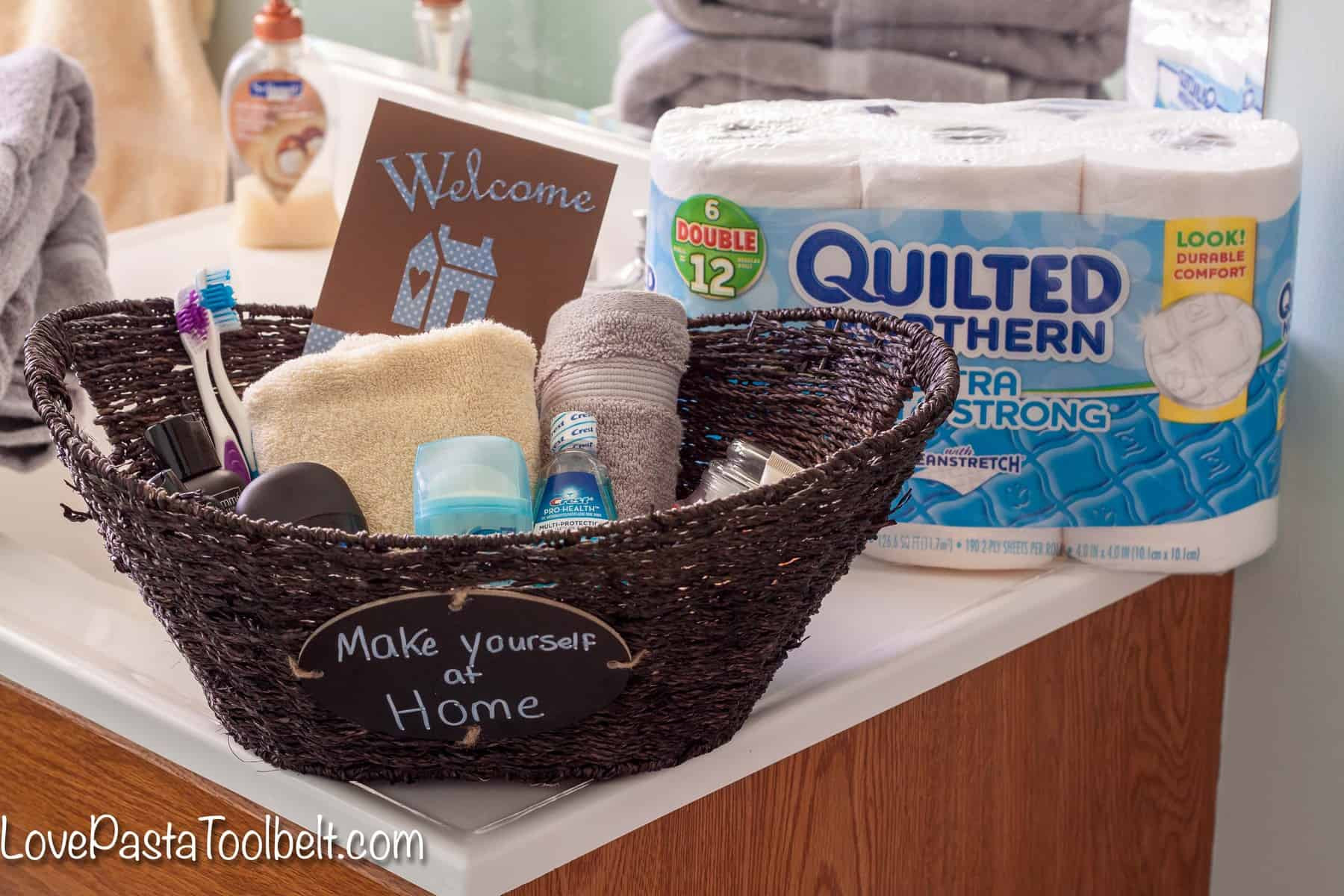 Welcome Home Gift Basket Ideas
 Guest Bathroom Wel e Basket Love Pasta and a Tool Belt