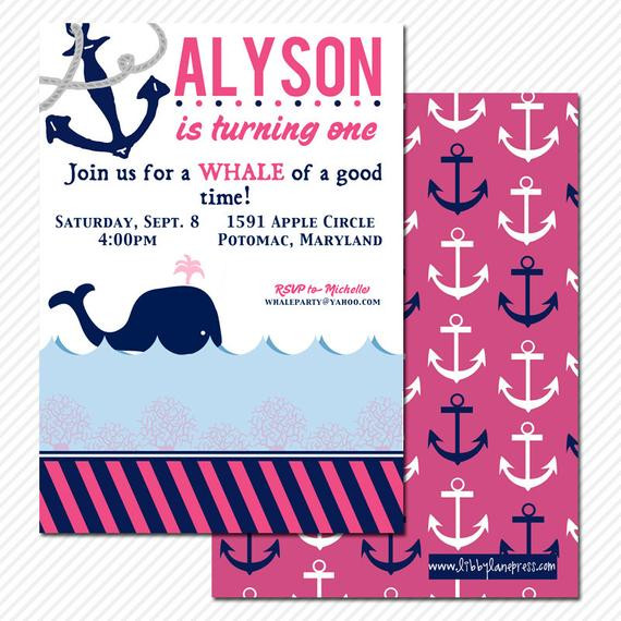 Whale Birthday Invitations
 PREPPY WHALE Birthday Invitation Pink and Navy by