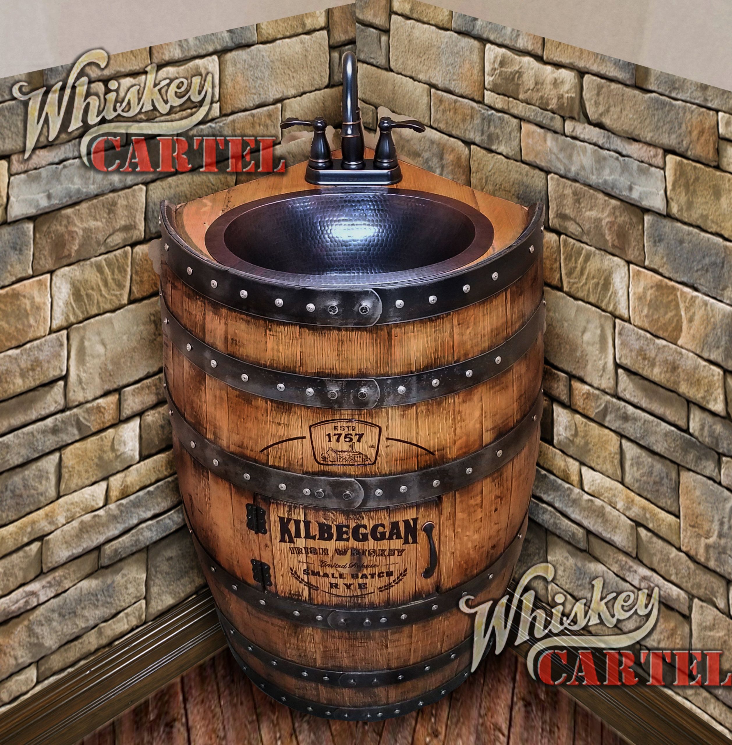 Whiskey Barrel Bathroom Vanity
 Whiskey barrel sink CORNER style hammered copper rustic