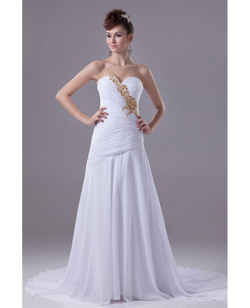 White And Gold Wedding Dresses
 Pleated Sweetheart Chiffon White with Gold Beading Wedding