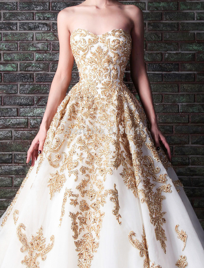 White And Gold Wedding Dresses
 2014 Rami Kadi gold embroidery wedding gown XT 1085 white