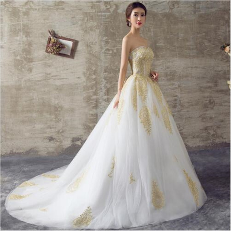 White And Gold Wedding Dresses
 2016 White and Gold Wedding Dresses A Line Sweetheart Lace