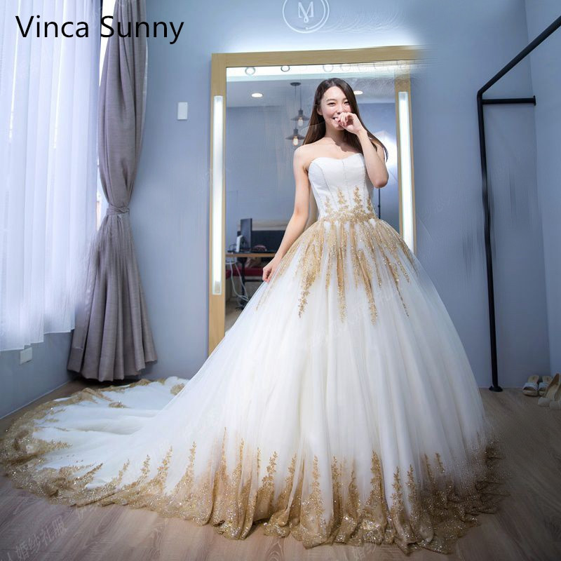 White And Gold Wedding Dresses
 2019 Luxury Indian Wedding Dresses White Gold Applique