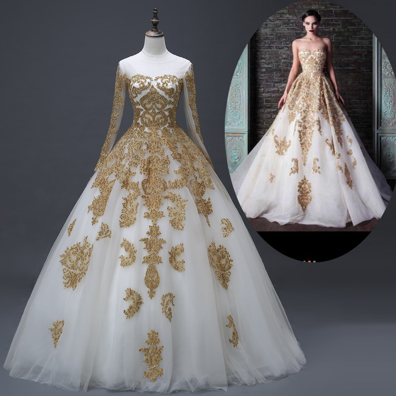White And Gold Wedding Dresses
 Aliexpress Buy Real Dubai Muslim Gold Wedding
