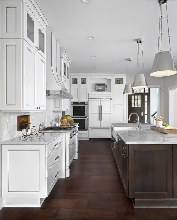 White Kitchen With Dark Island
 White Kitchen with Dark Brown Island and White Marble