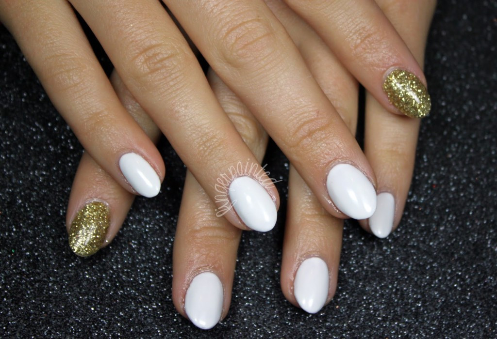 White Nails With Gold Glitter
 Pretty Glitter & Stripes Nail Design Ideas – New Simple