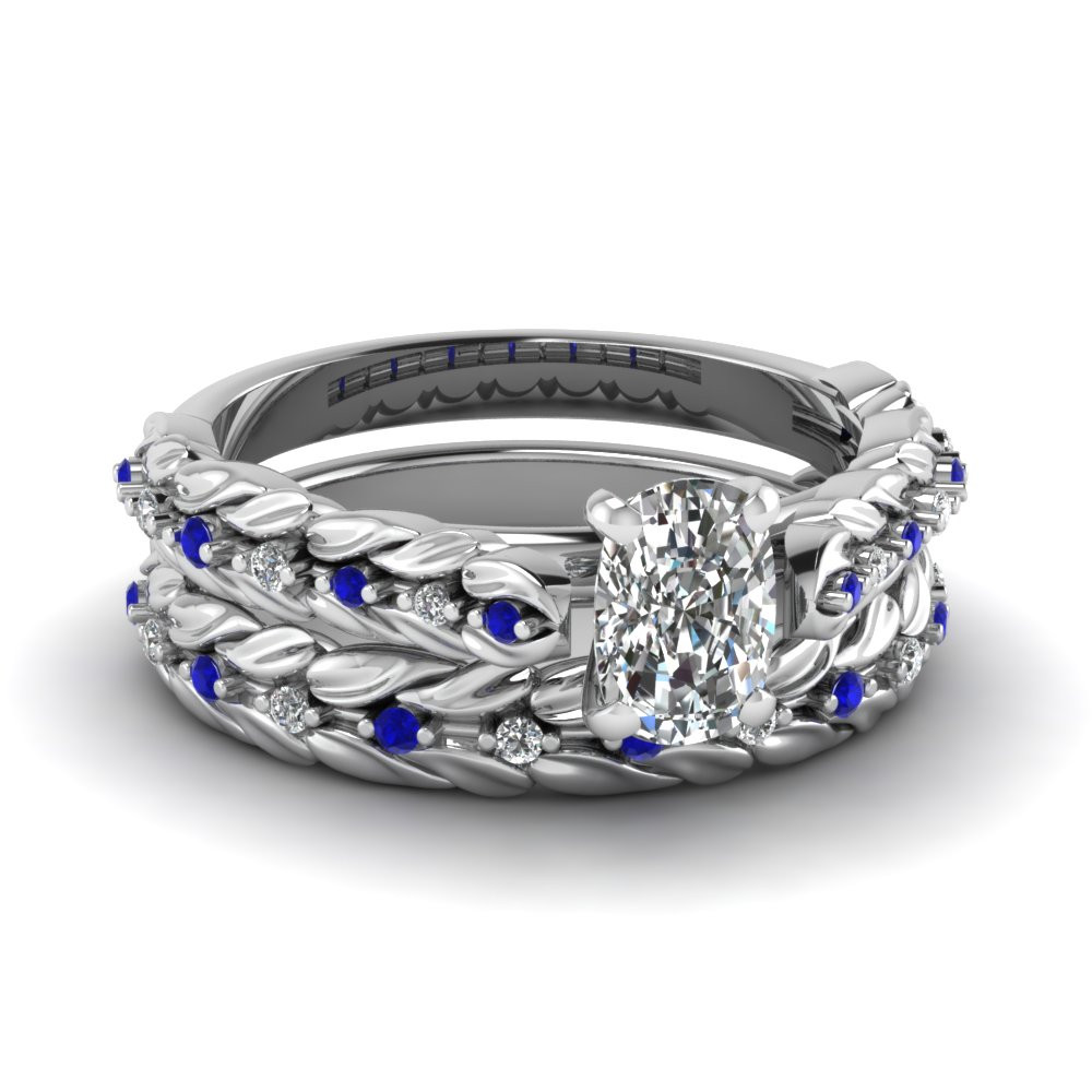 White Sapphire Wedding Ring Sets
 Leaf Design Cushion Cut Diamond Wedding Ring Set With