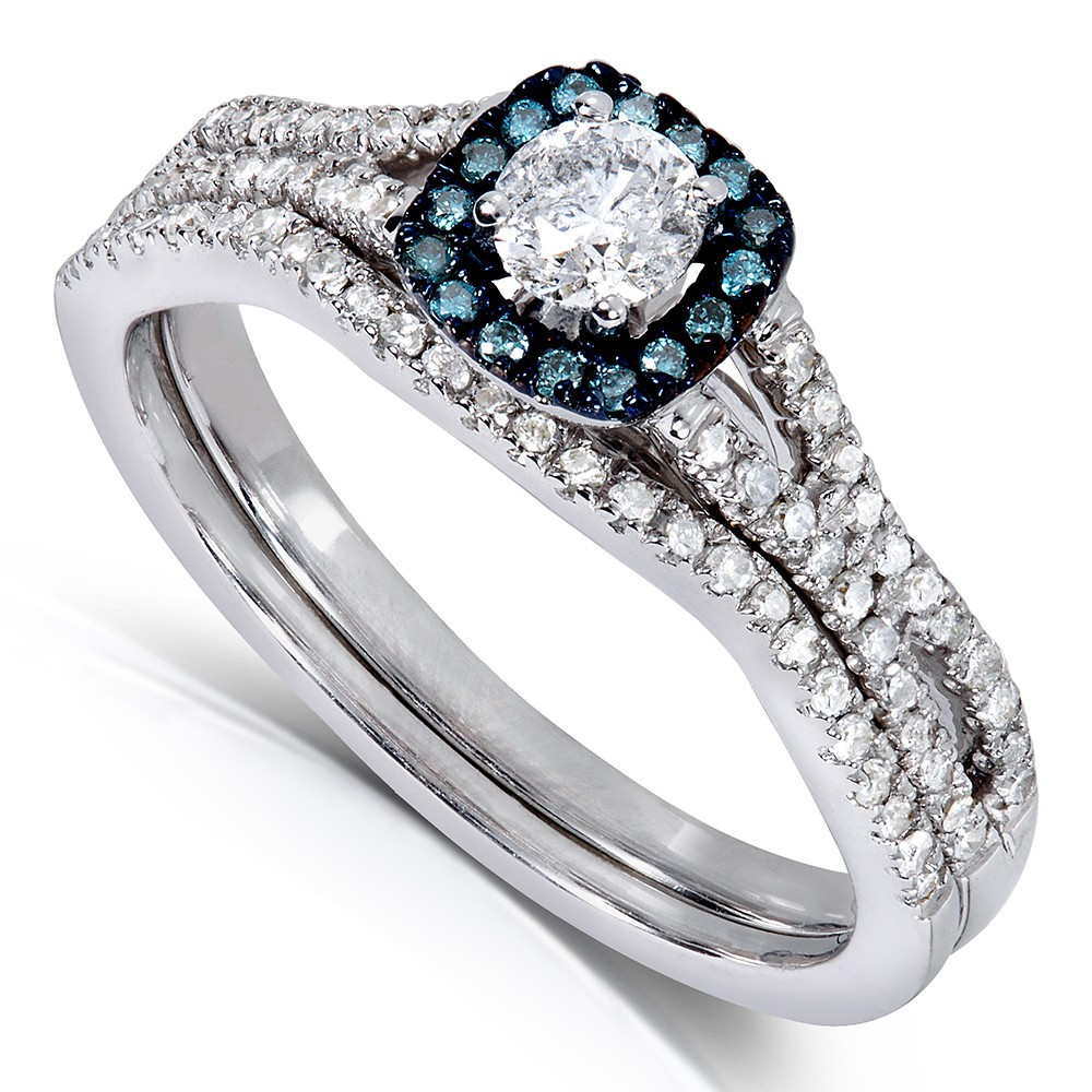 White Sapphire Wedding Ring Sets
 1 Carat Unique Round Diamond and Sapphire Bridal Ring Set