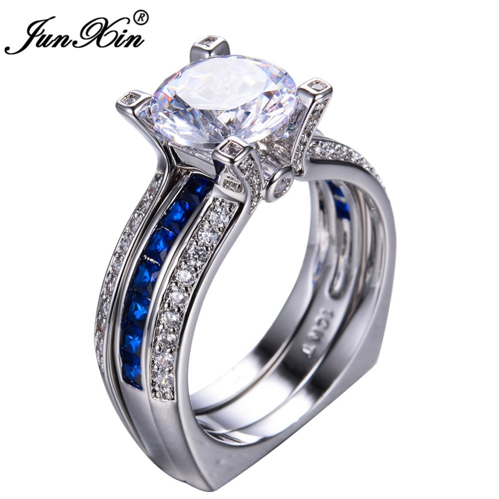 White Sapphire Wedding Ring Sets
 JUNXIN Gorgeous Blue Sapphire Crystal Ring Set Vintage